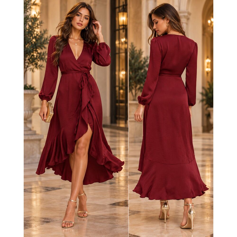 Lulus Philicia Burgundy Satin Midi Wrap Dress Size M NWT